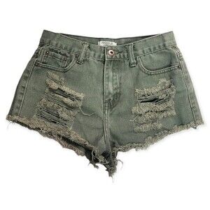 Forever 21 Distressed High Rise Raw Hem Olive Green Denim Shorts